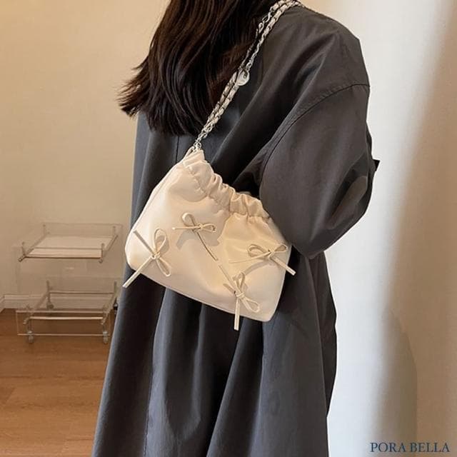 【Porabella】簡約休閒 褶皺蝴蝶結手提小包包水桶包 ins風 送女友 情人節禮物首選 Backpack Bags