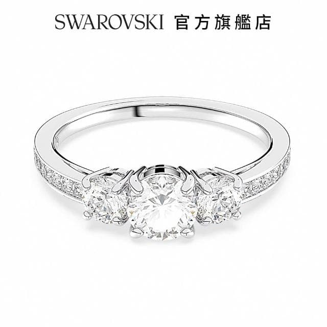 【SWAROVSKI 官方直營】Attract Trilogy 戒指 圓形切割  白色  鍍白金色  母親節禮物