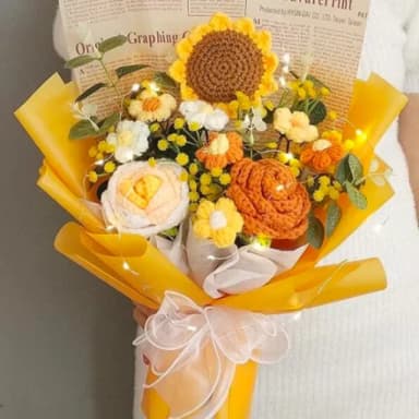 【TBCC】手工鉤編陽光明媚的玫瑰、向日葵和泡芙花束 - 華麗的金色和橙色(畢業生日康復紀念老師禮物)