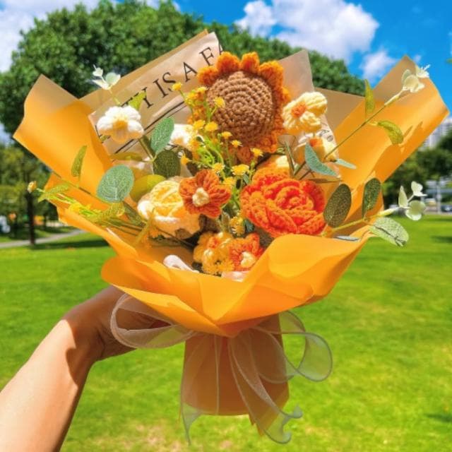【TBCC】手工鉤編陽光明媚的玫瑰、向日葵和泡芙花束 - 華麗的金色和橙色(畢業生日康復紀念老師禮物)