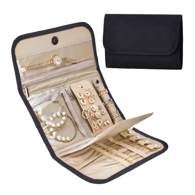 【空間大師】簡約摺疊飾品收納袋(大容量 收納捲 出國 戒指 項鍊 耳環 手鏈 首飾 珠寶 分層 吊掛 固定夾)