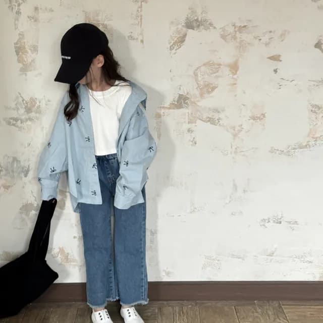 【橘魔法】滿印蝴蝶結襯衫 鬚邊喇叭牛仔褲(套裝 襯衫 薄長袖 長褲 褲子 親子款 大童 大人 兒童 女童 童裝)