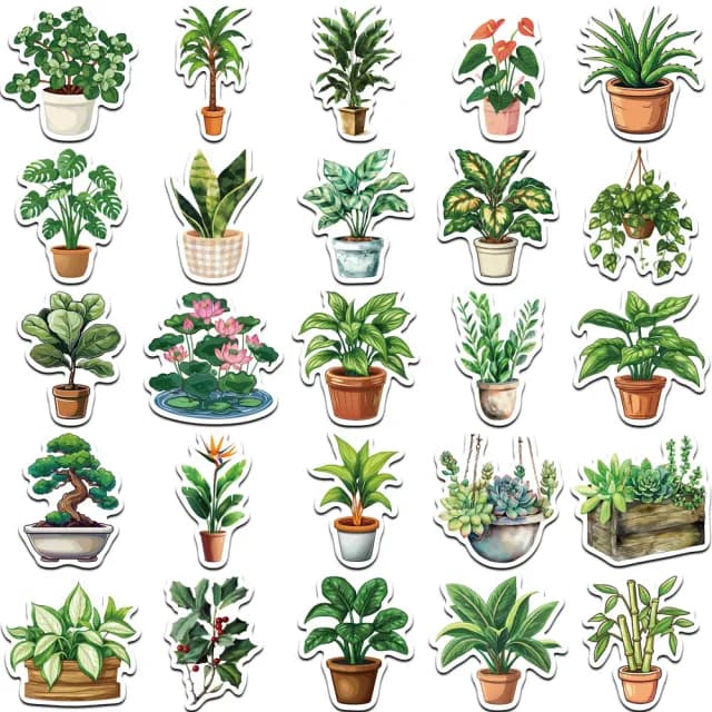 【Paper Play】創意多用途防水貼紙-小清新綠色植物盆栽塗鴉 50枚入(防水貼紙 行李箱貼紙 手機貼紙)