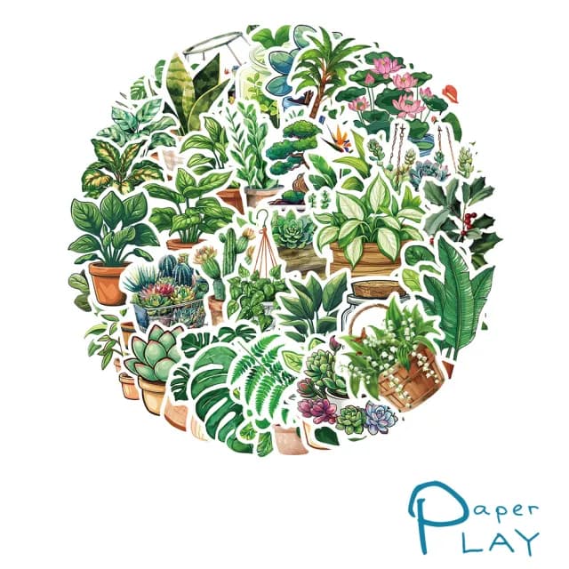 【Paper Play】創意多用途防水貼紙-小清新綠色植物盆栽塗鴉 50枚入(防水貼紙 行李箱貼紙 手機貼紙)