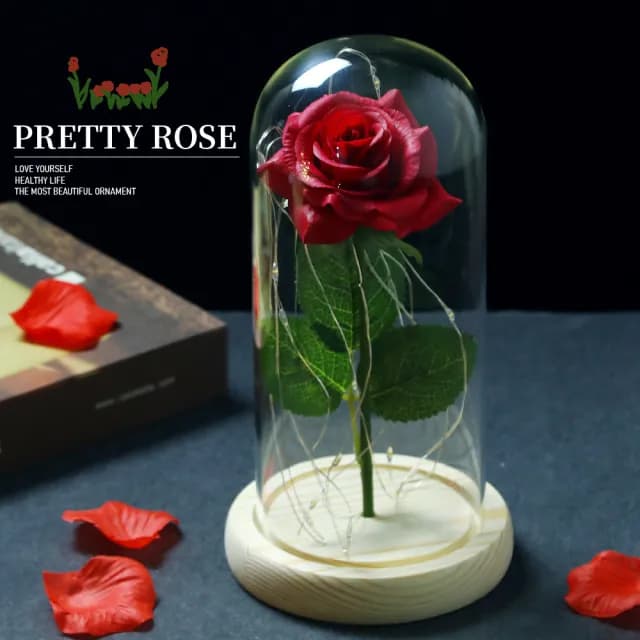 LED 玻璃罩仿真玫瑰花夜燈禮盒組(假花 塑膠花 永生花 小夜燈 氛圍燈 情人節 生日禮物 母親節禮物 交換禮物)