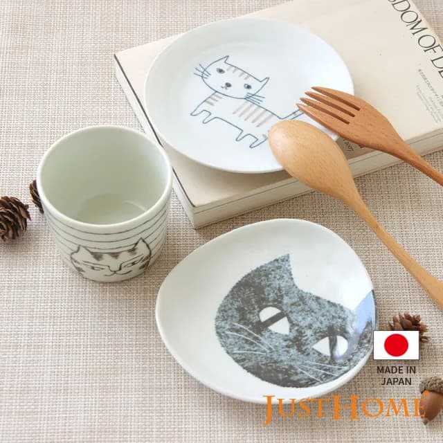 【Just Home】日本製手繪感貓咪陶瓷6件碗盤餐具組-3款組合可選(碗 盤 杯 碟 缽)