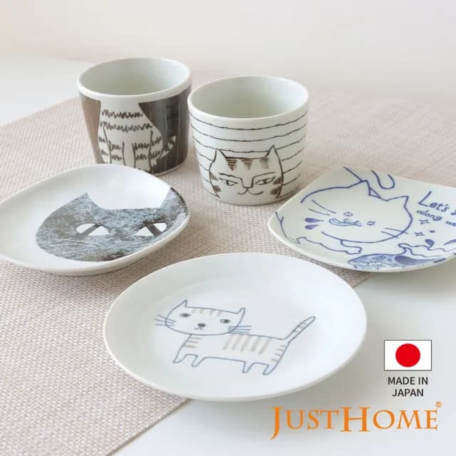 【Just Home】日本製手繪感貓咪陶瓷6件碗盤餐具組-3款組合可選(碗 盤 杯 碟 缽)