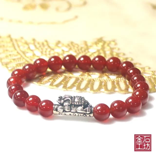 【金石工坊】情人節禮物 純銀大象招財納福紅瑪瑙手鍊(8mm)
