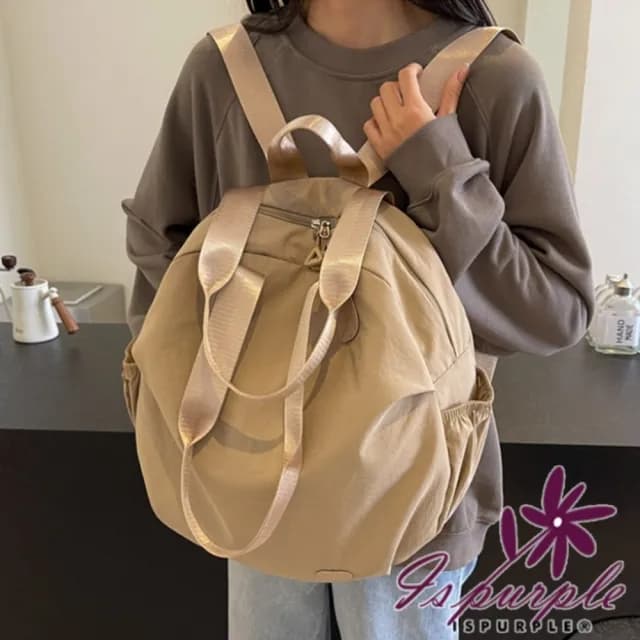 【iSPurple】情人節禮物 七夕 文青小眾 多功能大容量貝殼雙肩包(卡其色)