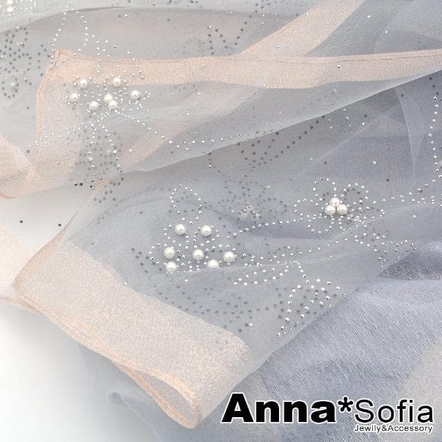 【AnnaSofia】真絲羊毛混紡大尺寸披肩絲巾圍巾-銀點花絮手工釘珠 現貨(灰系)