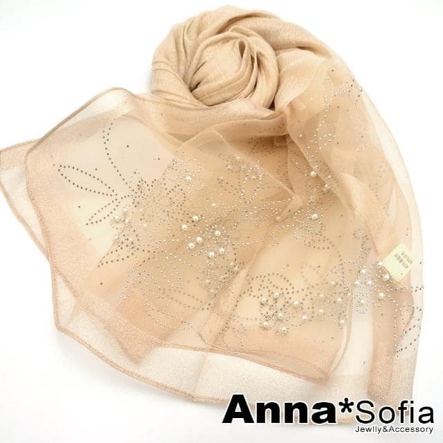 【AnnaSofia】真絲羊毛混紡大尺寸披肩絲巾圍巾-銀點花絮手工釘珠 現貨(杏系)