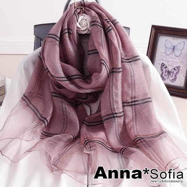 【AnnaSofia】真絲羊毛混紡大尺寸披肩絲巾圍巾-金絲線格紋 現貨(藕粉系)