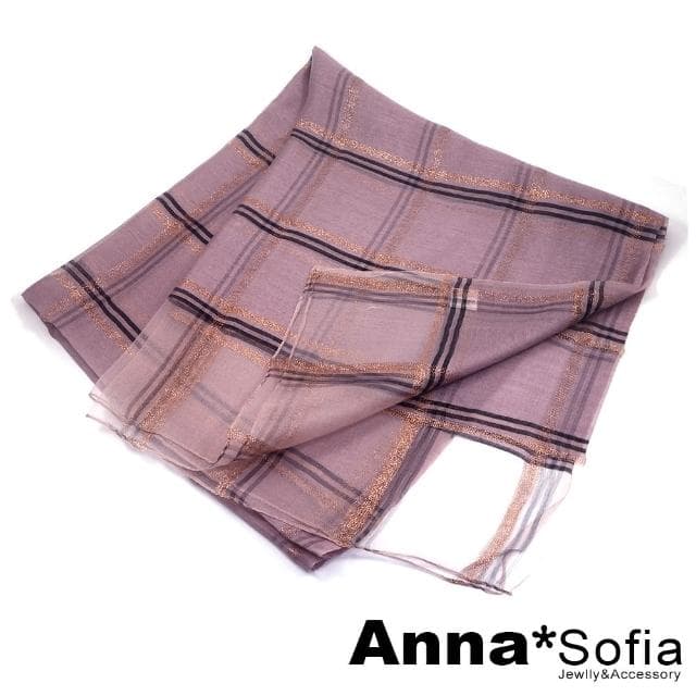 【AnnaSofia】真絲羊毛混紡大尺寸披肩絲巾圍巾-金絲線格紋 現貨(藕粉系)