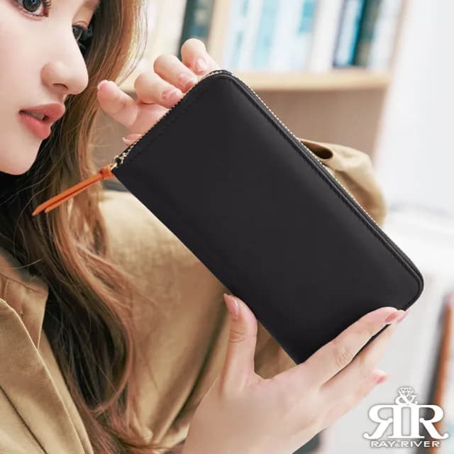 【2R 手工真皮】情人節禮物 路易牛皮Matching配色拉鍊長夾 黑x橘