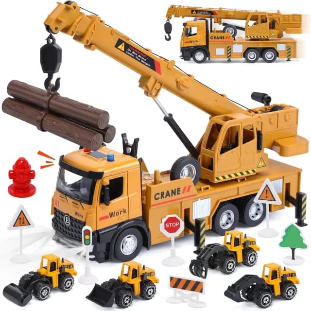 【CuteStone】兒童仿真工程卡車與聲光大型起重機套裝組合玩具(玩具車  生日玩具)