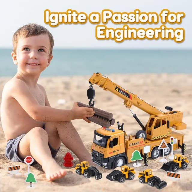 【CuteStone】兒童仿真工程卡車與聲光大型起重機套裝組合玩具(玩具車  生日玩具 兒童益智玩具)