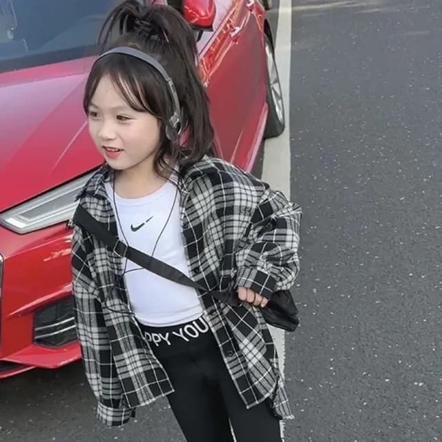 【橘魔法】黑白格子長袖襯衫(格子襯衫 薄外套 開衫 罩衫 中性款 女童 男童 兒童 童裝)