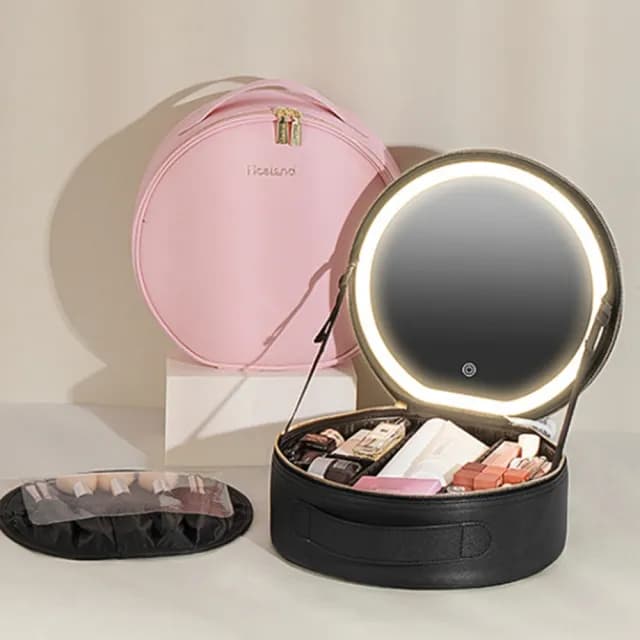 【SAMPA】NICELAND 圓鏡包 LED燈化妝包 帶鏡子燈光旅行包 化妝品收納包 補光燈化妝包(父親節禮物)