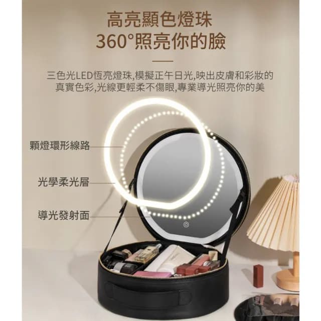 【SAMPA】NICELAND 圓鏡包 LED燈化妝包 帶鏡子燈光旅行包 化妝品收納包 補光燈化妝包(父親節禮物)