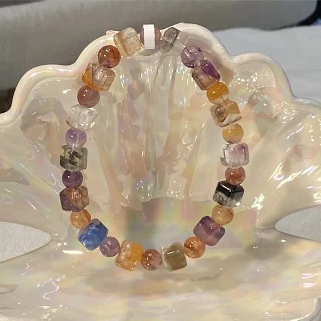 【Penny珮妮】巴西幽靈彩髮晶極光膠花天然多寶方糖手鍊7mm(母親節/送女友/送閨蜜/生日禮物/情人節)