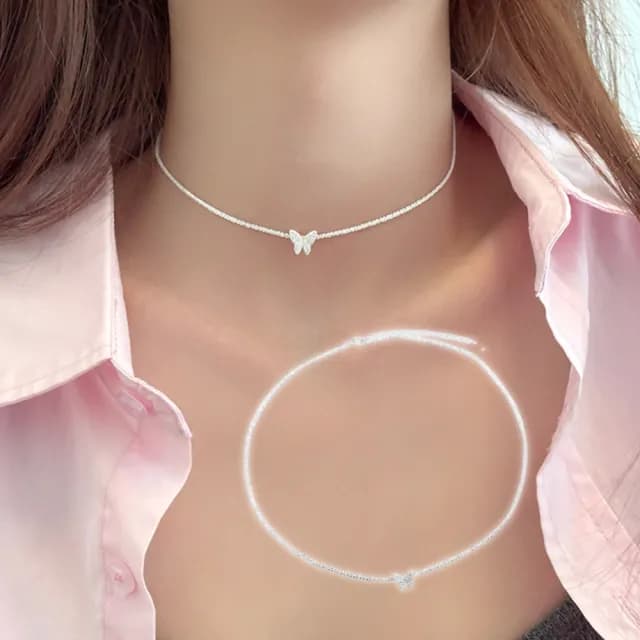 【波光粼粼】滿天星輕奢S925純銀蝴蝶項鍊(低調簡約 韓版 洋裝 短鏈 生日禮物 情人節 女生 飾品 百搭)