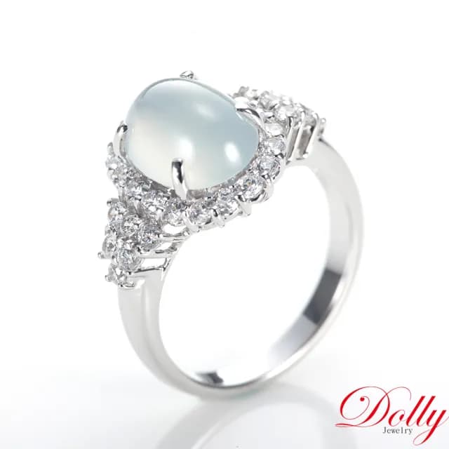 【DOLLY】18K金 緬甸高冰種A貨白翡鑽石戒指-003(母親節 長輩送禮首選)