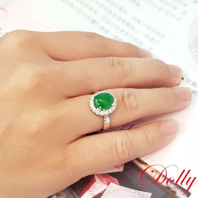 【DOLLY】14K金 緬甸冰種濃綠翡翠鑽石戒指-005(長輩送禮首選)