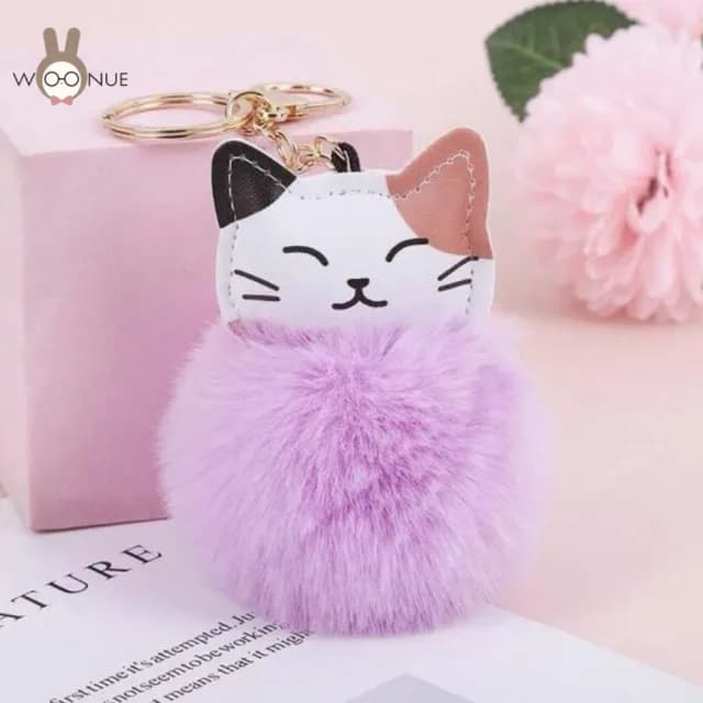 【WOONUE】高品質貓咪皮革絨毛球金桃花動物鑰匙圈扣掛飾(兒童女兒情人節朋友愛貓婚禮小物生日禮物)
