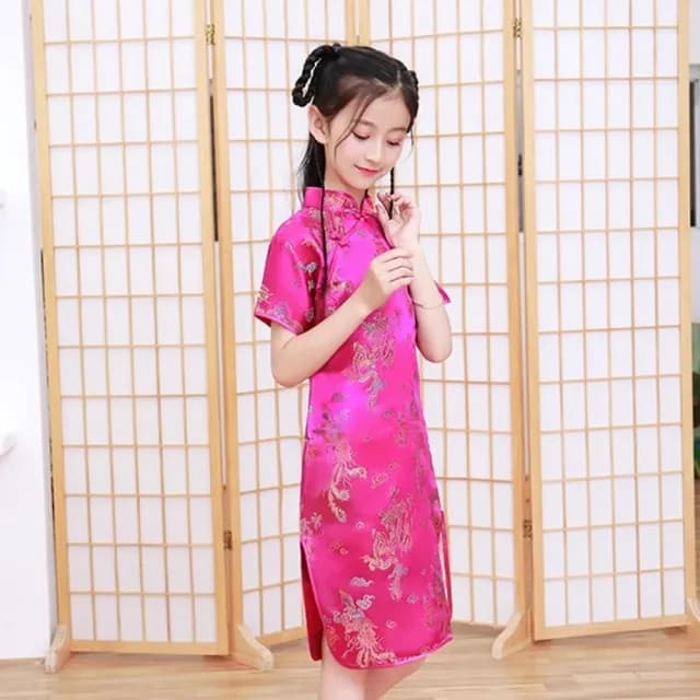 【橘魔法】短袖中國風刺繡開岔旗袍洋裝(旗袍 拍照 攝影 古裝 抓週 新衣 過年 大紅 新年 女童 童裝 兒童)