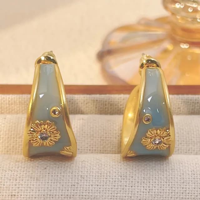 【LEESA】情人節禮物 復古耳環\法式耳環\C型耳環\耳環\珐琅耳環\手工耳環\耳圈\氣質耳環\耳飾\耳勾\花朵耳