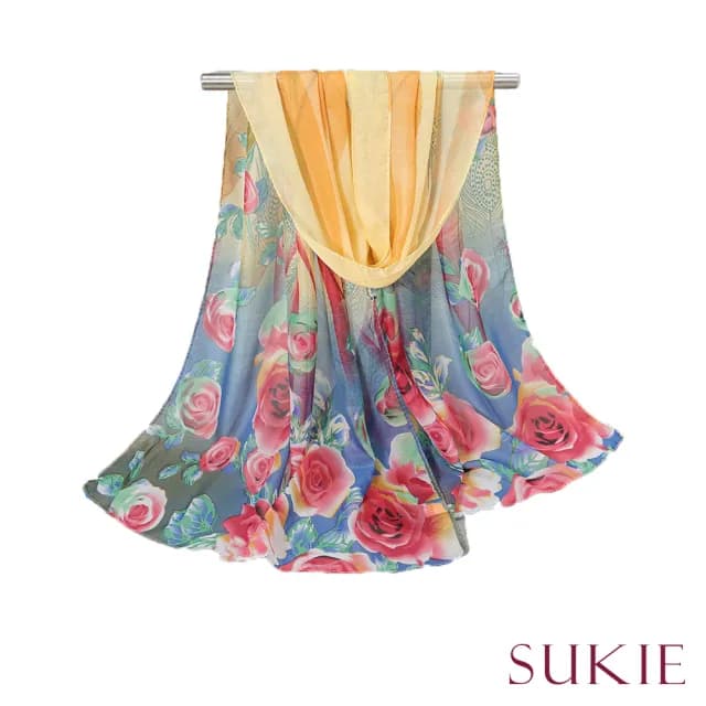 【Sukie】雪紡紗圍巾 印花圍巾/浪漫優雅玫瑰印花50X150雪紡紗圍巾(8色任選)