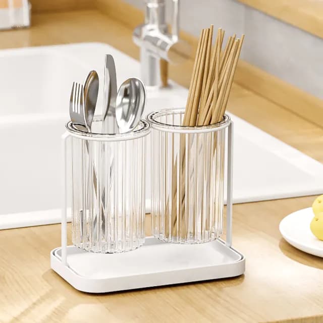 【加分廚房】簡約透明感雙筒餐具收納瀝水架(可拆卸 防滑 筷子筒 晾乾架 晾曬架 刀架 筷籠 置物桶 湯匙)