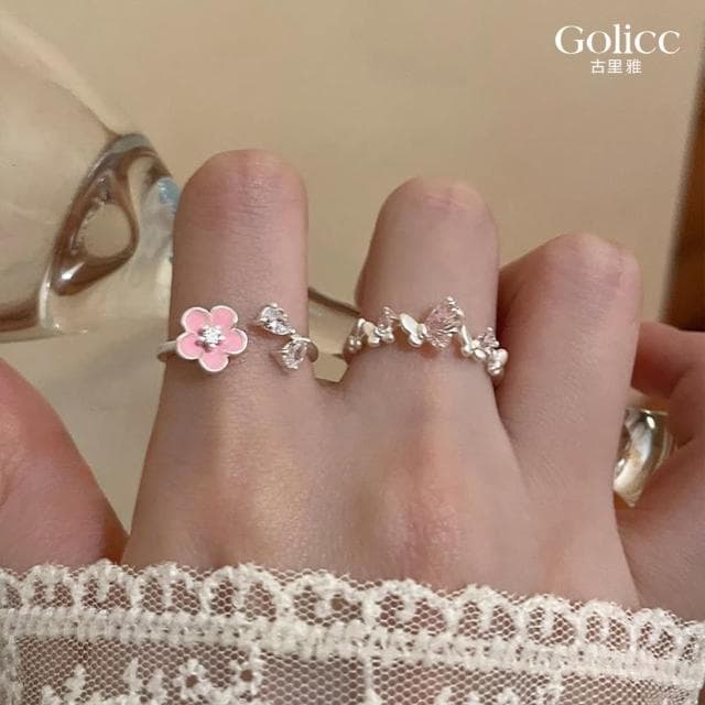 【Golicc】法式 粉色花朵輕奢戒指(母親節 生日 情人節 造型戒 食指戒 尾戒 禮物)