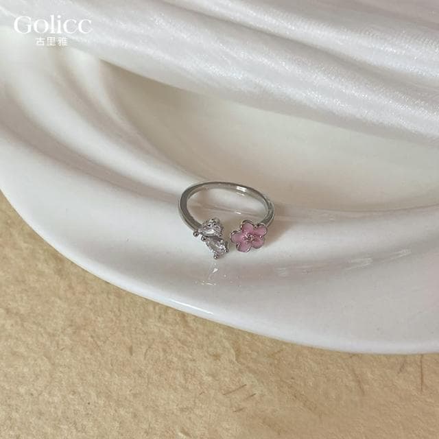 【Golicc】法式 粉色花朵輕奢戒指(母親節 生日 情人節 造型戒 食指戒 尾戒 禮物)