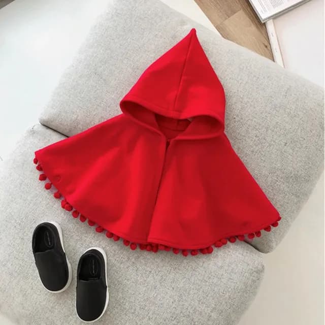 【橘魔法】小紅帽流蘇毛球細刷絨斗篷(披肩 外套 斗篷 大紅 新年 過年 拜年服 表演 戲劇 女童 兒童 童裝)