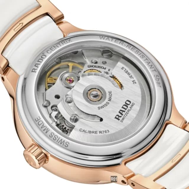 【Rado 雷達表】預 廣告35㎜款 Centrix晶萃真鑽機械錶 白陶瓷玫瑰金-加8重豪禮 R01(R30037744)