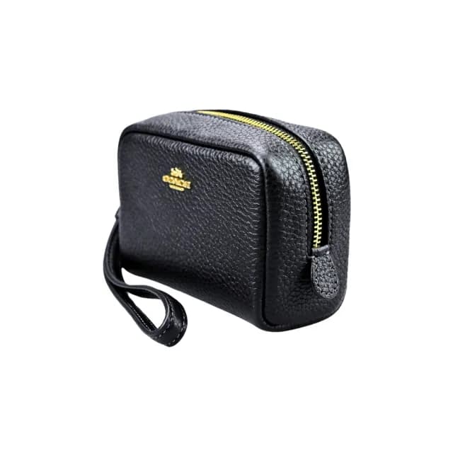【COACH】黑色荔枝紋金屬馬車LOGO手掛零錢包
