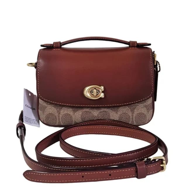 【COACH】CASSIE 17 經典 SIGNATURE 帆布雙背帶斜背手袋(咖啡荖花/贈原廠防塵袋紙袋七夕情人節)