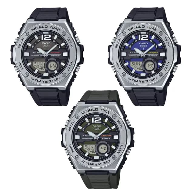 【CASIO 卡西歐】MWQ-100 世界時間 碼錶 金屬感 陽光芒圈 運動旅遊 高雅氣質大膽中性 指針錶 電子錶 手錶