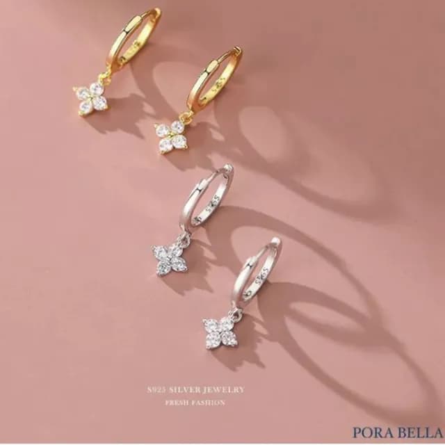 【Porabella】925純銀花卉扣耳 四葉草耳飾耳環 鑲鑽扣耳 高級感耳飾 耳飾 Earrings