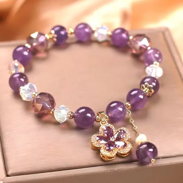 【高貴收藏】天然紫水晶典雅五瓣花吊墜手鏈(輕奢感 手串 手環 閨蜜 姐妹鏈 飾品 生日 交換禮物 送禮)