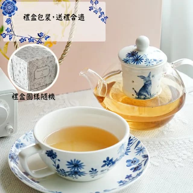 【沐森活】青花瓷兔子造型子母壺禮盒(一杯一壺一盤/泡茶器/下午茶具/茶壺)