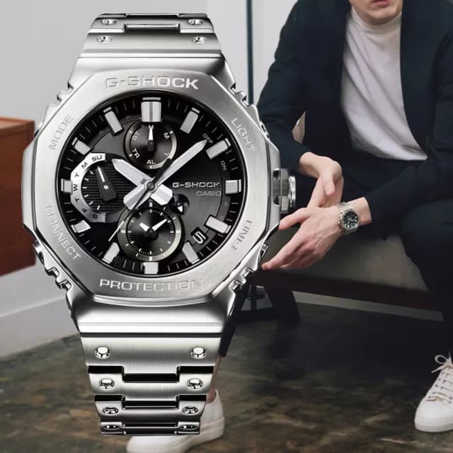 【CASIO 卡西歐】G-SHOCK 太陽能藍芽 全金屬八角形 計時錶 男錶 七夕 情人節禮物(GMC-B2100D-1A)