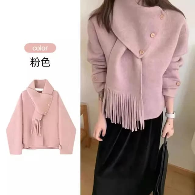【巴黎精品】現貨+預購 羊毛大衣毛呢外套(保暖可拆卸流蘇圍巾小個子可愛女外套4色a1ik8)