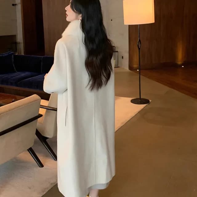 【巴黎精品】現貨+預購 羊毛大衣毛呢外套(保暖狐狸毛圍巾韓版寬鬆圓領法式女外套3色a1ik43)