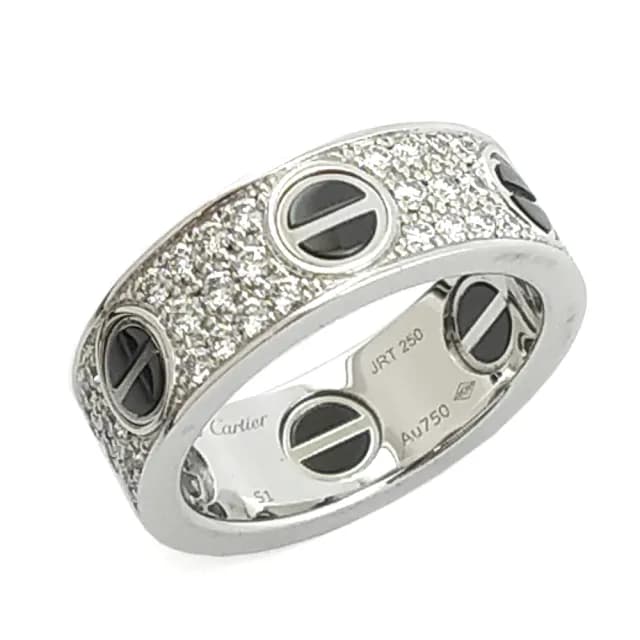 【Cartier 卡地亞】18K白金-0.74克拉滿天星鑽黑陶瓷LOVE戒指51號(展示品)