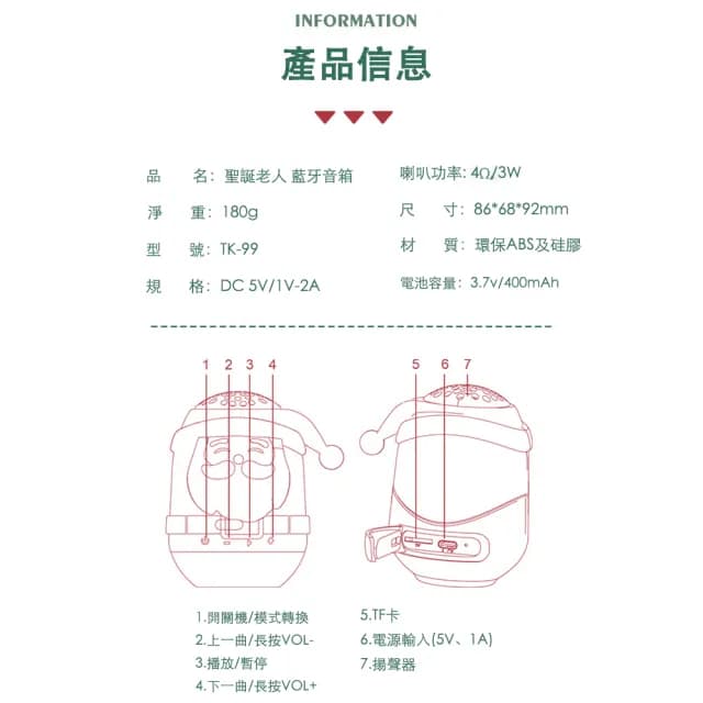 便攜式藍牙音響 迷你聖誕老人 藍牙喇叭 多功能防水音響(隨身小喇叭 藍牙喇叭 小音箱 聖誕交換禮物)
