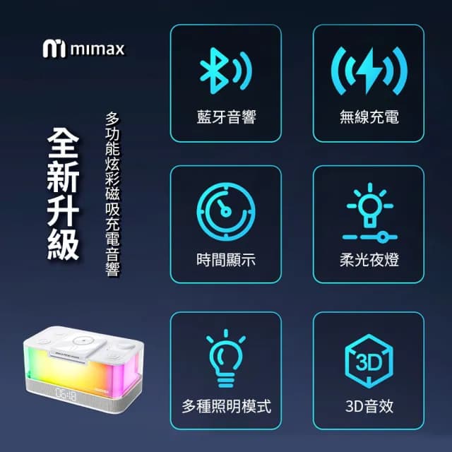 【米覓 mimax】多功能炫彩磁吸充電音響(桌面音響 時鐘顯示 磁吸充電 藍芽音響 無線充電 氣氛燈)