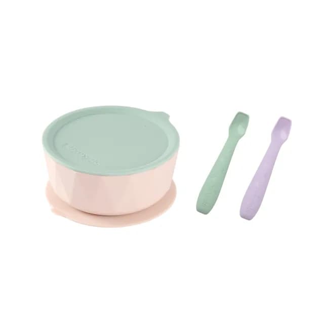 【2angels】矽膠鑽石吸盤學習碗+矽膠餵食湯匙2支(學齡前孩童副食品學習餐具 幼兒寶寶吸盤防漏餐碗)
