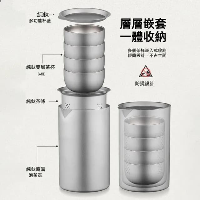 純鈦旅行茶具套組(茶杯 純鈦茶杯 鈦杯 茶壺茶具 露營 純鈦杯 茶具 水壺 咖啡杯 隨行杯 濾茶網)